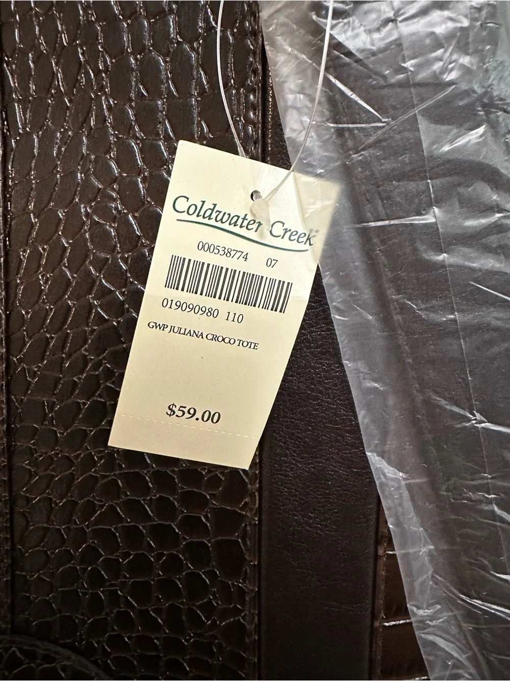 NWT Coldwater Creek Juliana Brown Crocodile Embossed Tote- Shoulder Bag